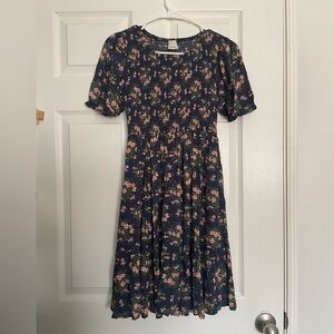 Elloh Women’s Navy Floral Puff Sleeve Midi Dress with Pink Roses Size Small
